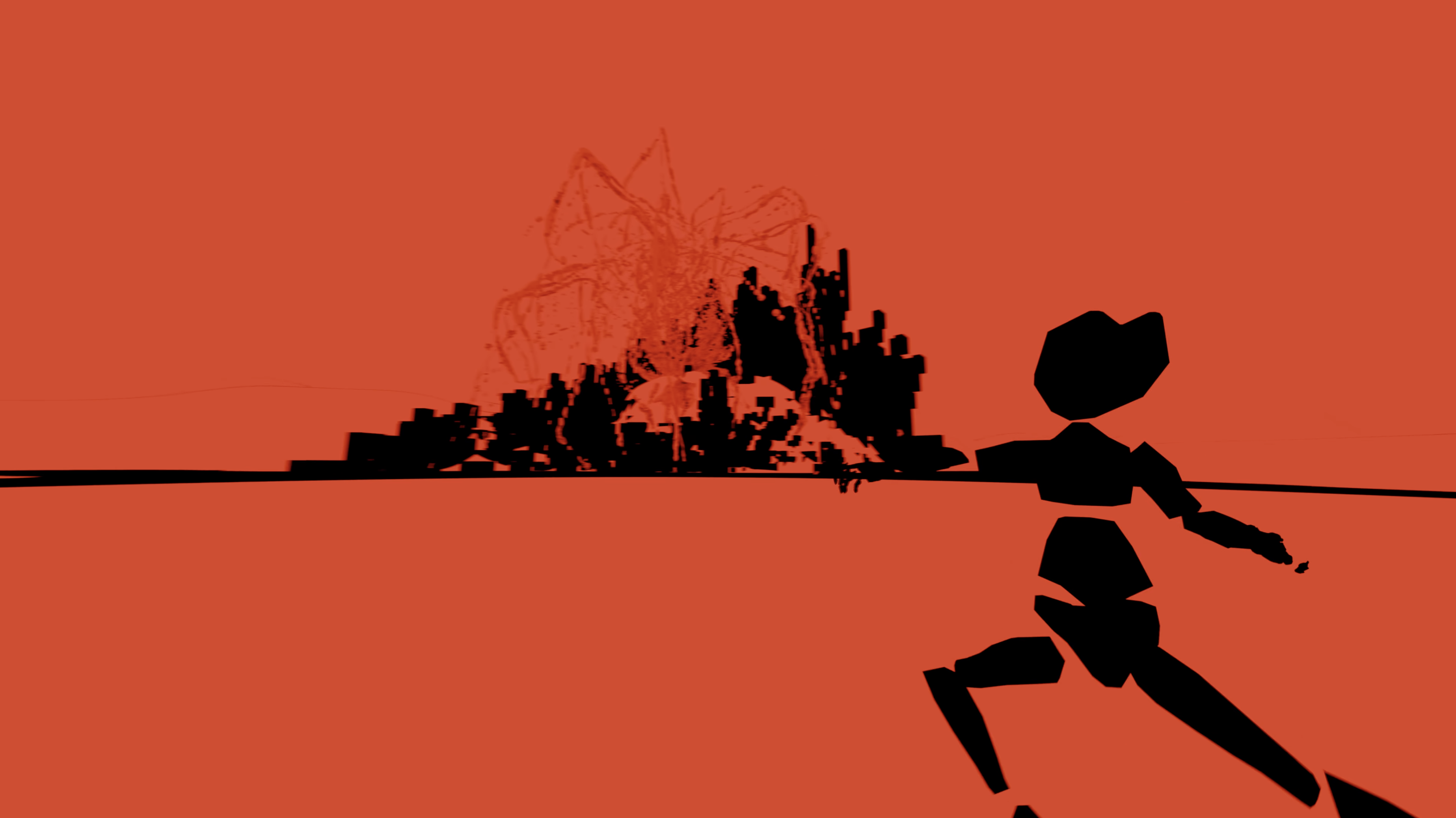 A silhouette of a catlike robot on a red backdrop, with an oddly crystalline structure in the background
